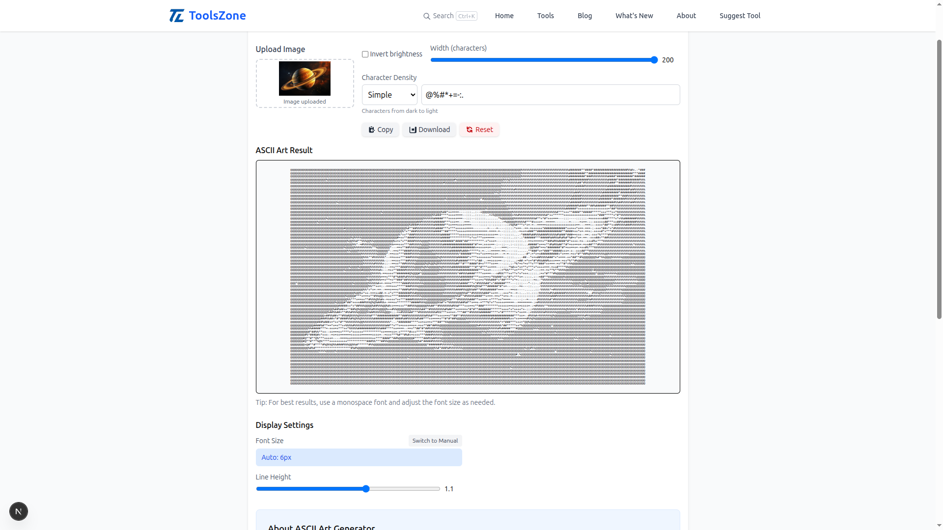 Image: Screenshot of the tool showing image upload and real-time ASCII conversion